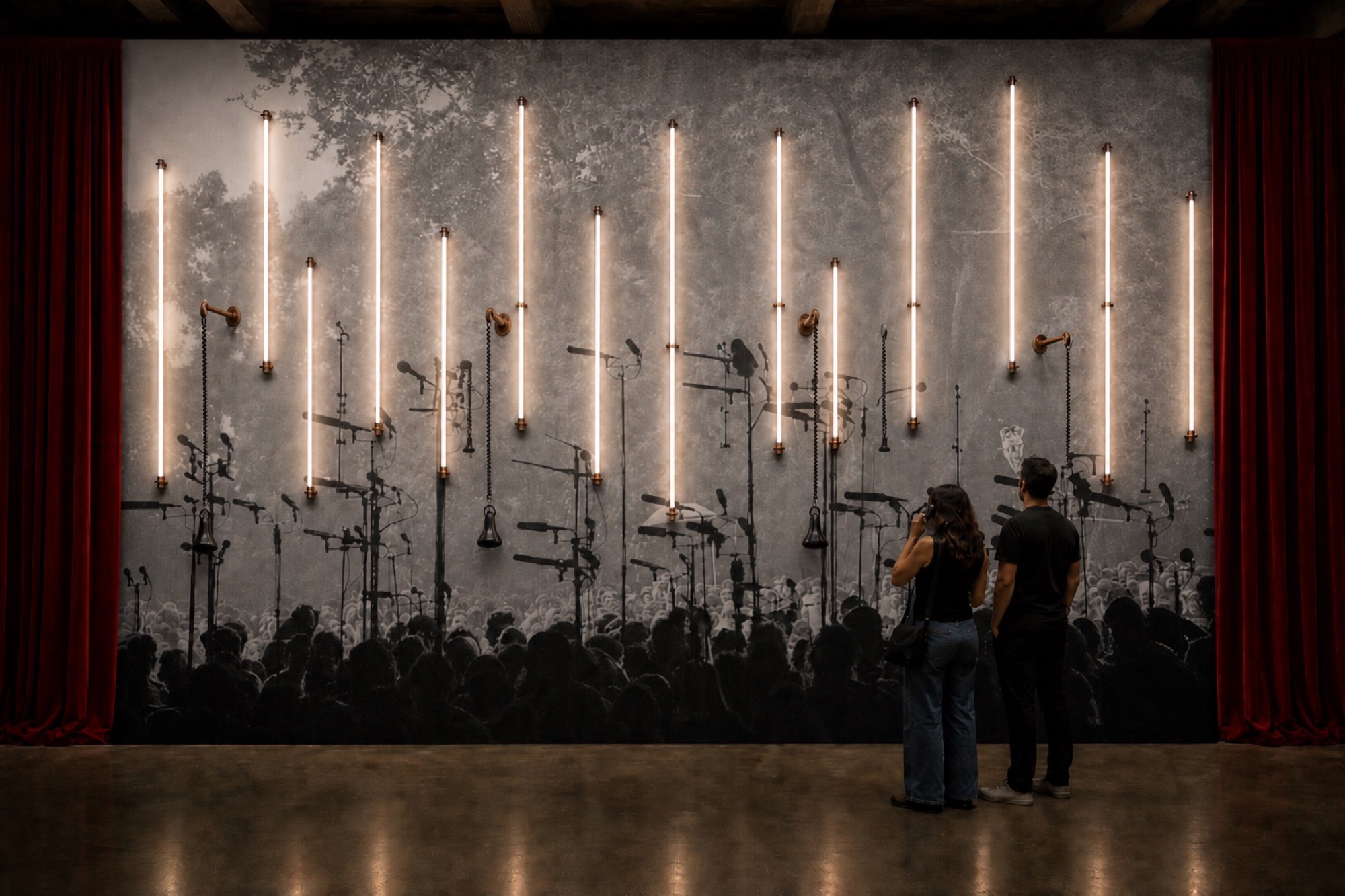 Listening wall with glowing tube fixtures and copper speaker hangers