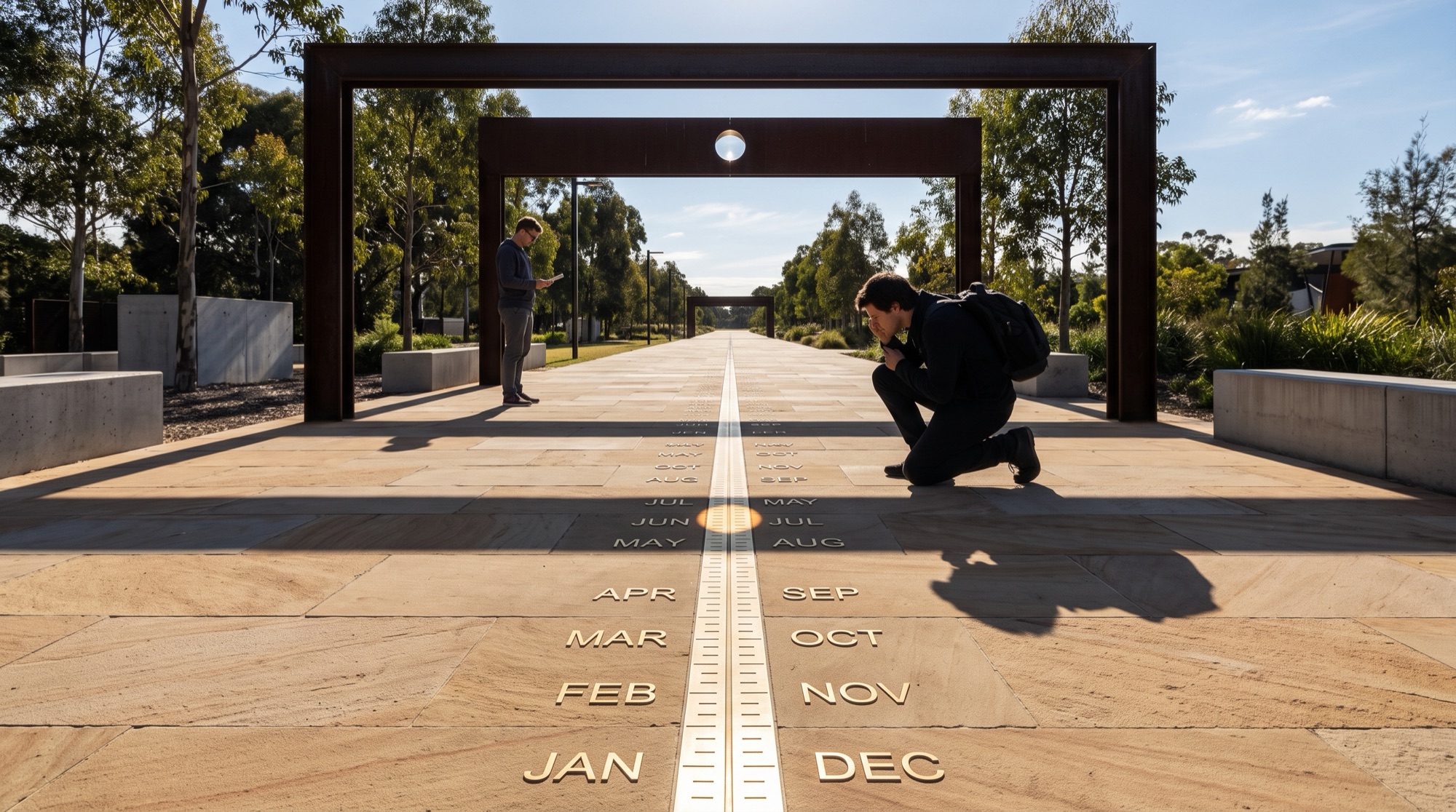 Brass meridian calendar walkway with projected sun disk