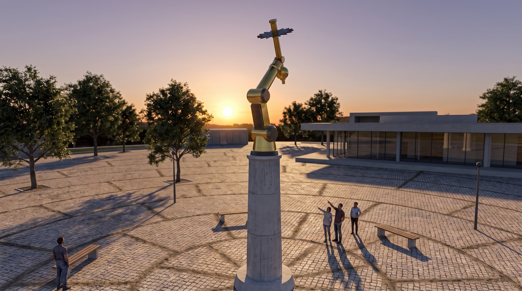 Brass robotic-arm solar instrument at golden hour