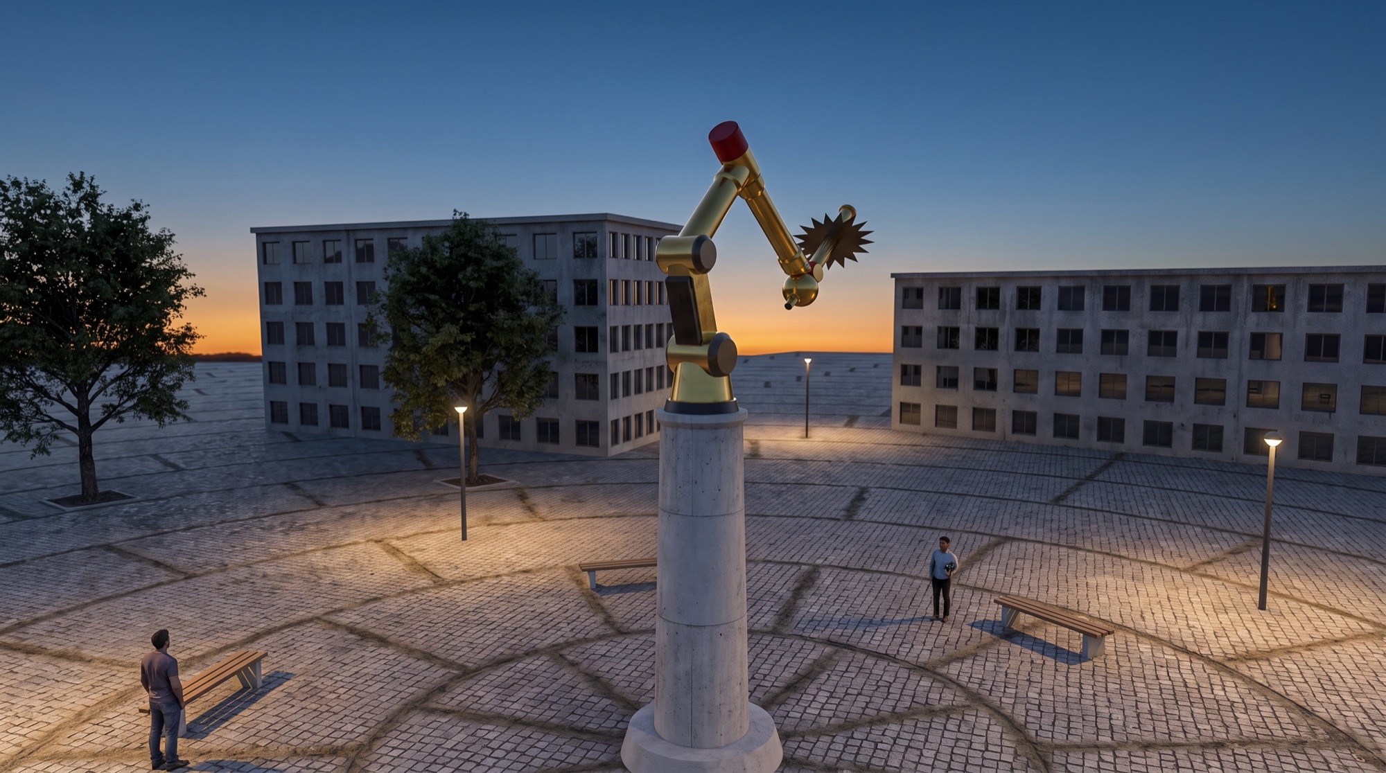Brass instrument at dusk aimed at the set sun