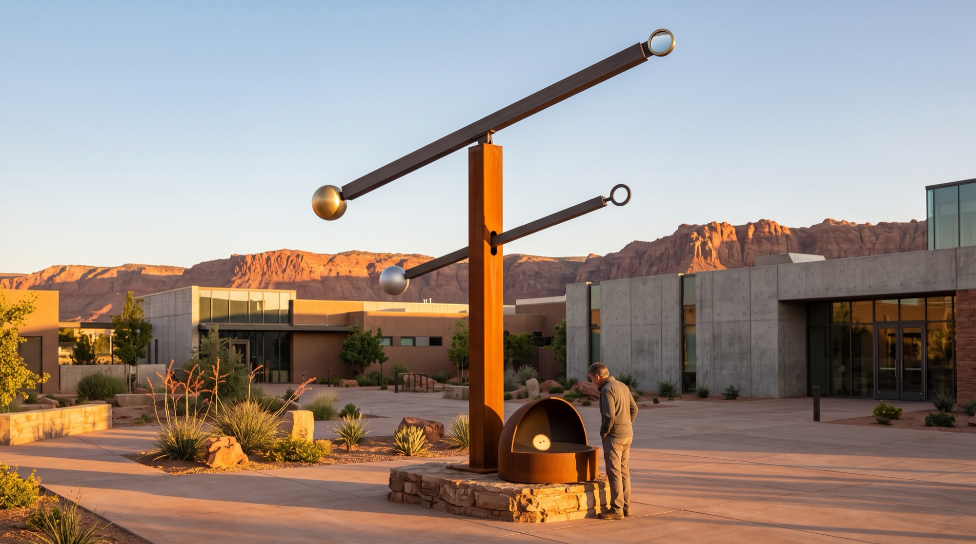 Solar/Lunar tracker sculpture in desert courtyard