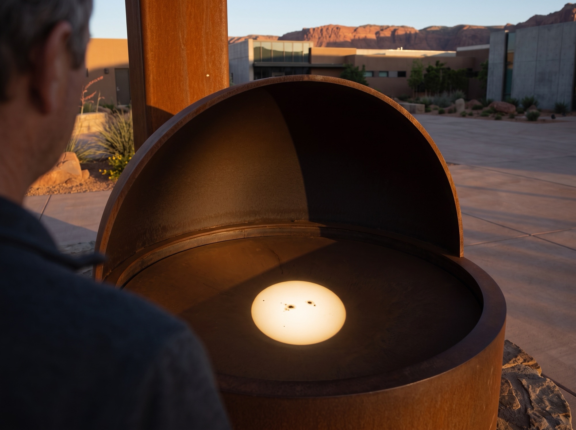 Viewing basin with projected sun image, sunspots visible